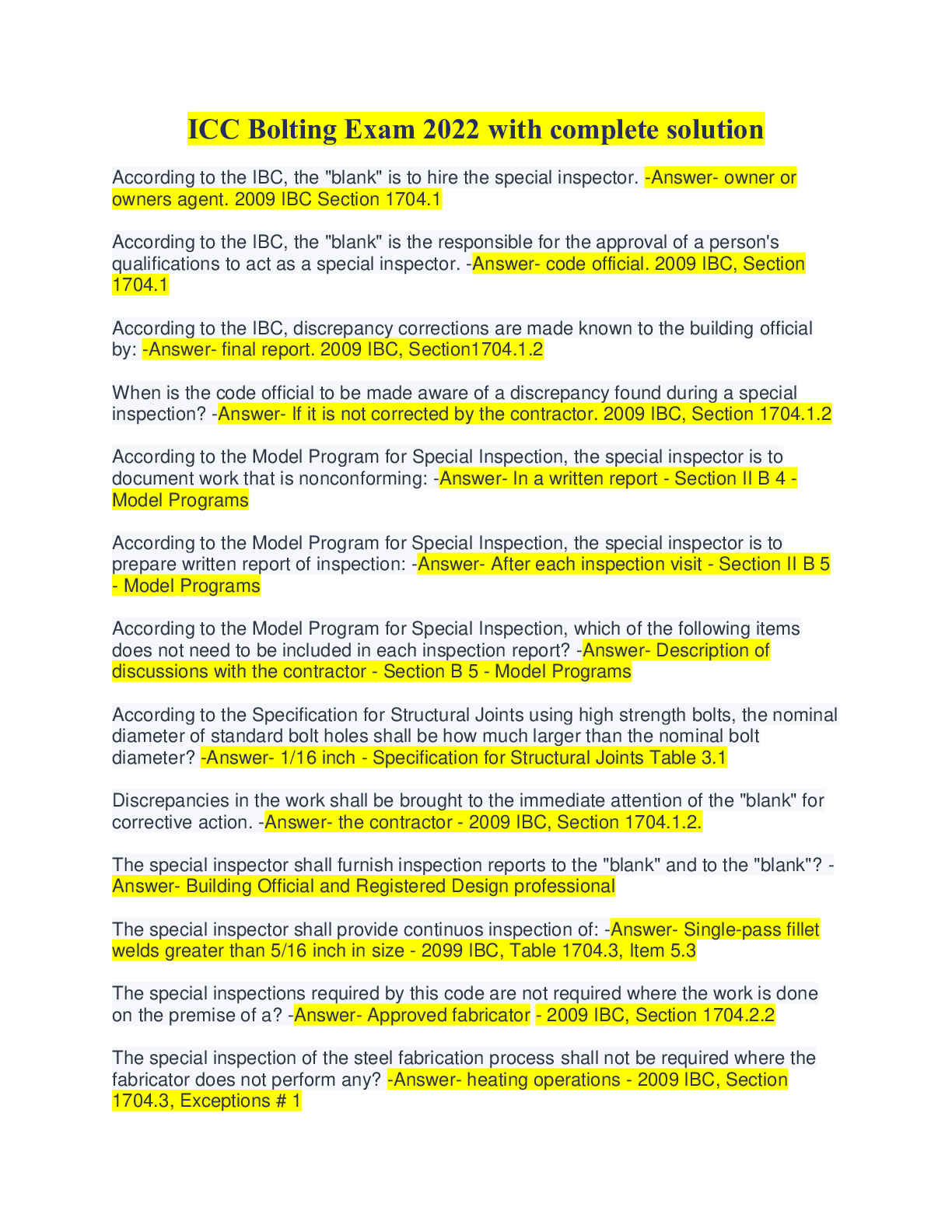Preview image for ICC Bolting Exam 2022 with complete solution